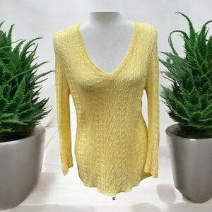 LRL Ralph Lauren citrus yellow linen sweater cable knit v-neck size Medium M